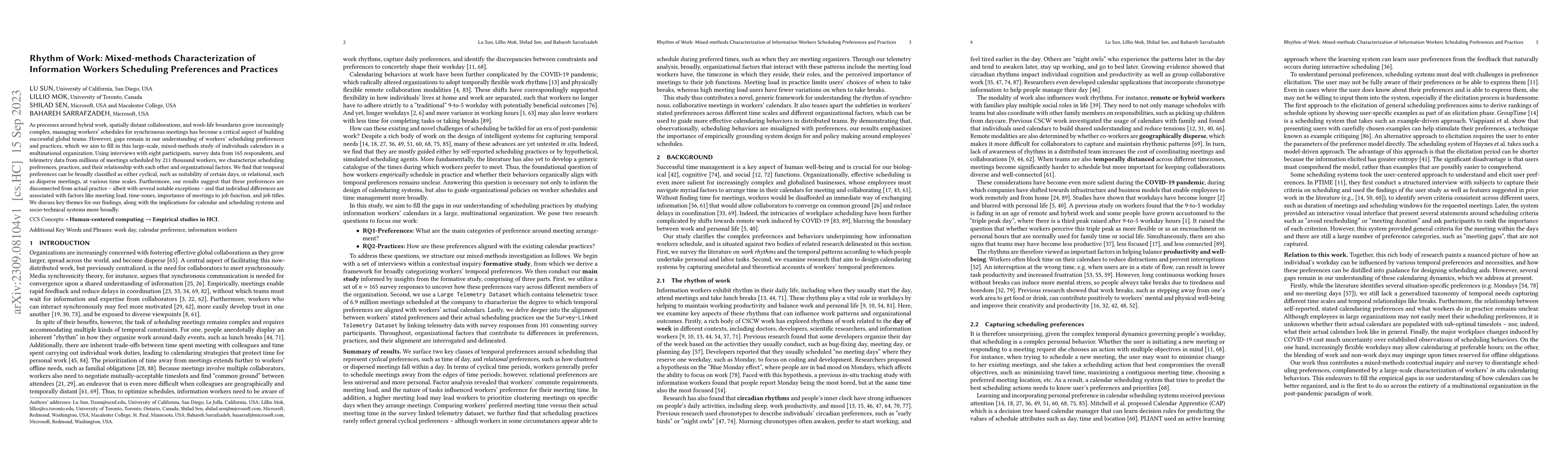 Thumbnail for Rhythm of Work: Mixed-methods Characterization of Information Workers
  Scheduling Preferences and Practices