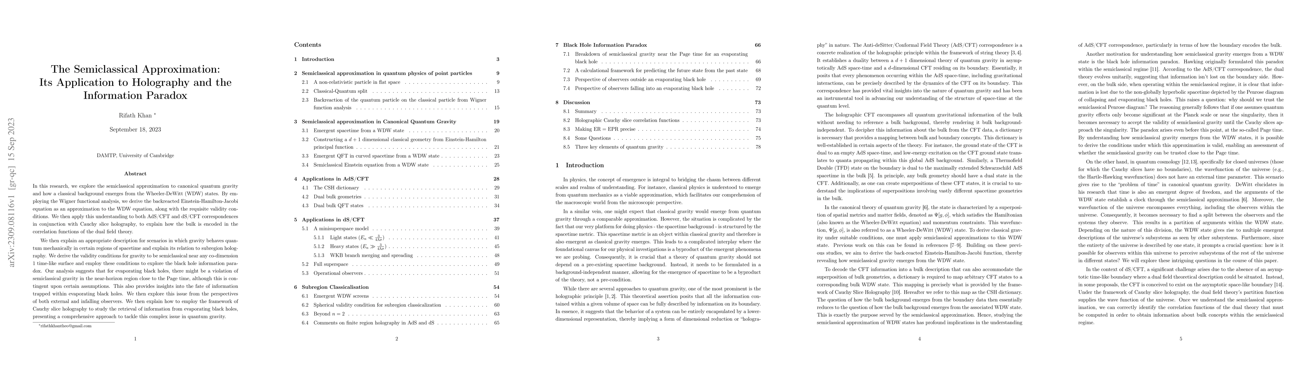 Thumbnail for The Semiclassical Approximation: Its Application to Holography and the
  Information Paradox