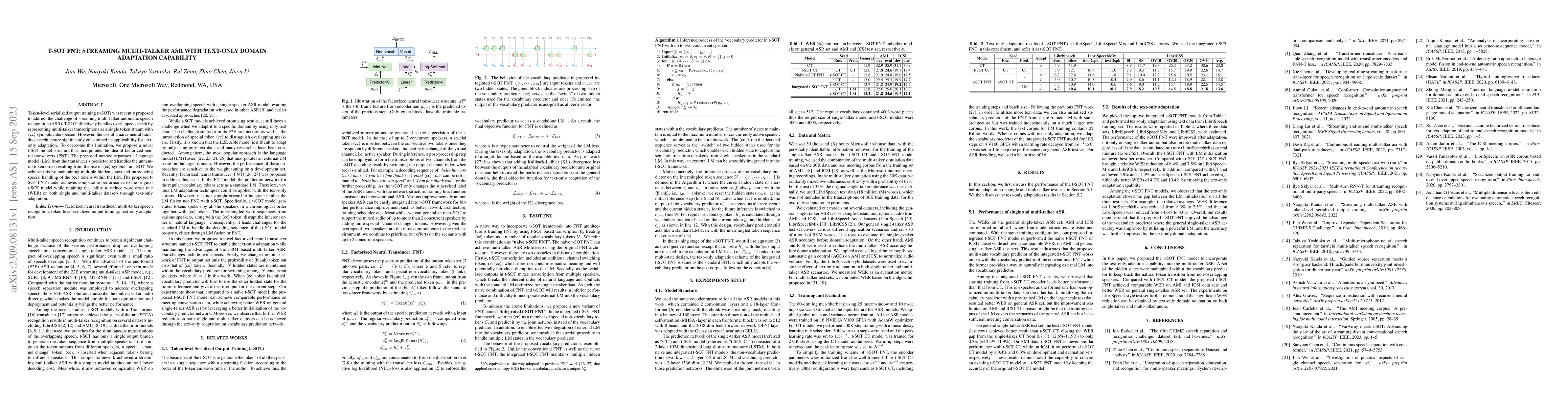 Thumbnail for t-SOT FNT: Streaming Multi-talker ASR with Text-only Domain Adaptation
  Capability