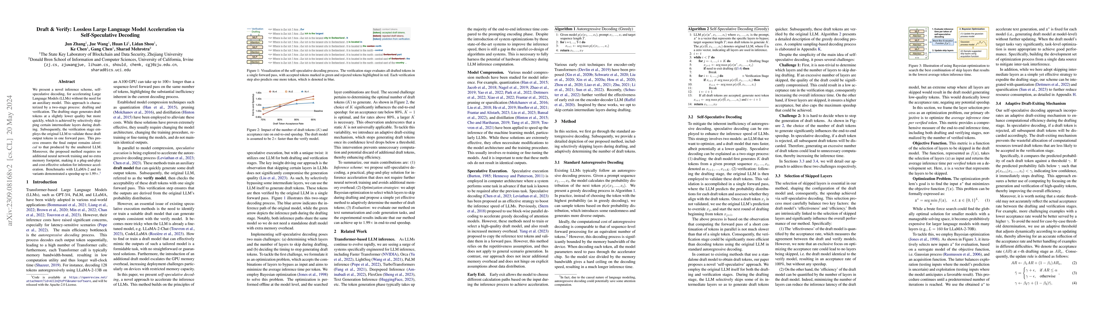 Thumbnail for Draft & Verify: Lossless Large Language Model Acceleration via
  Self-Speculative Decoding
