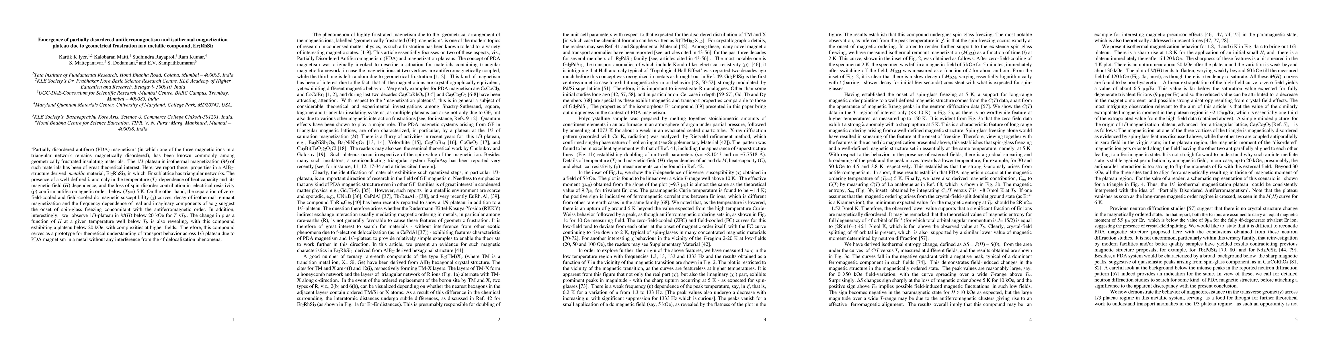 Thumbnail for Emergence of partially disordered antiferromagnetism and isothermal
  magnetization plateau due to geometrical frustration in a metallic compound,
  Er2RhSi3
