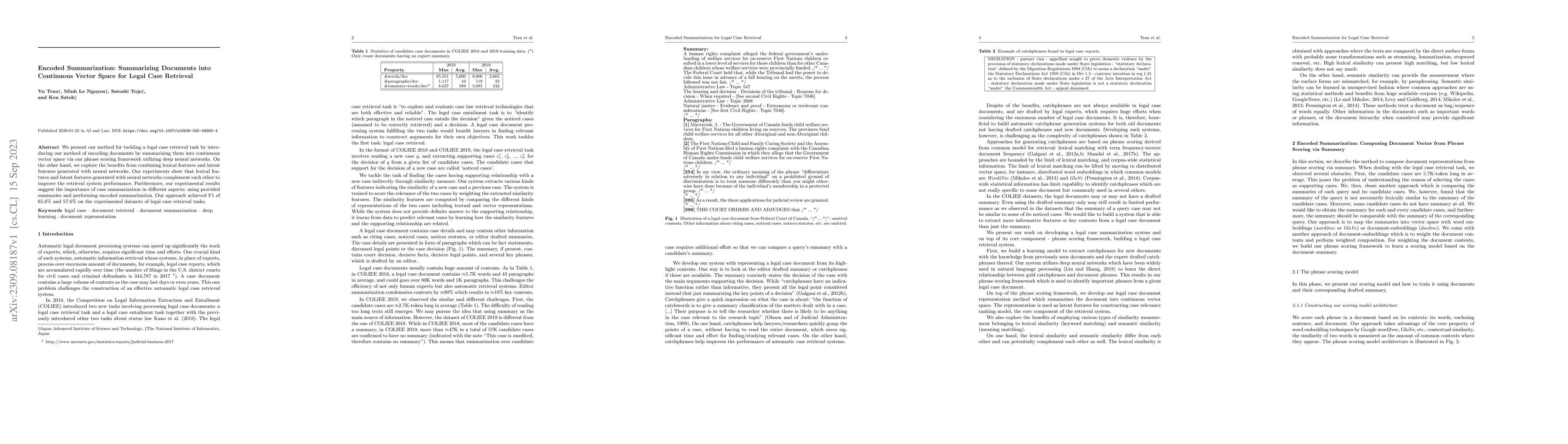 Thumbnail for Encoded Summarization: Summarizing Documents into Continuous Vector
  Space for Legal Case Retrieval