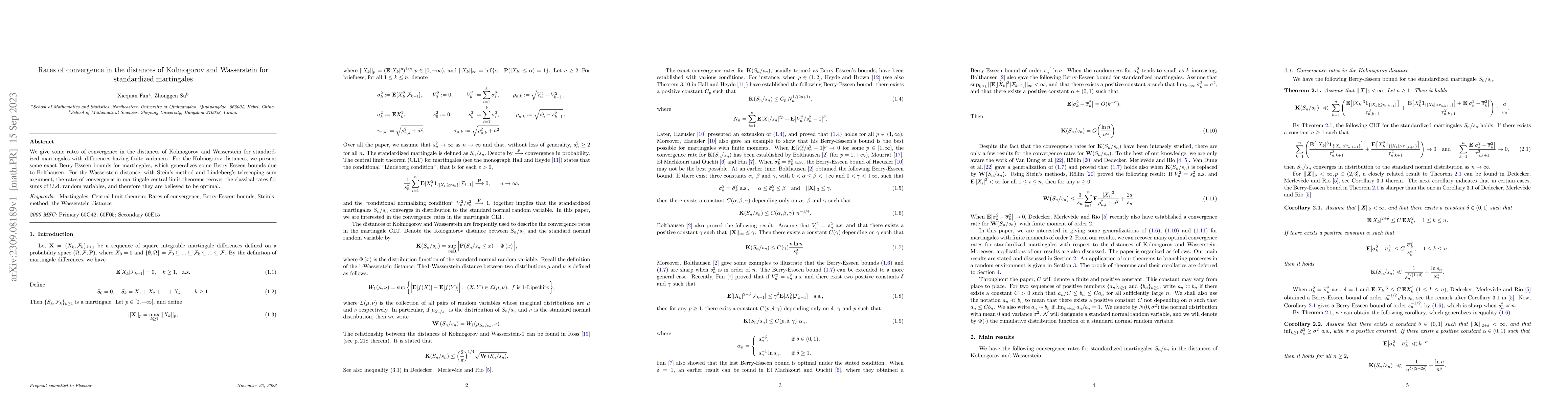 Thumbnail for Rates of convergence in the distances of Kolmogorov and Wasserstein for
  standardized martingales