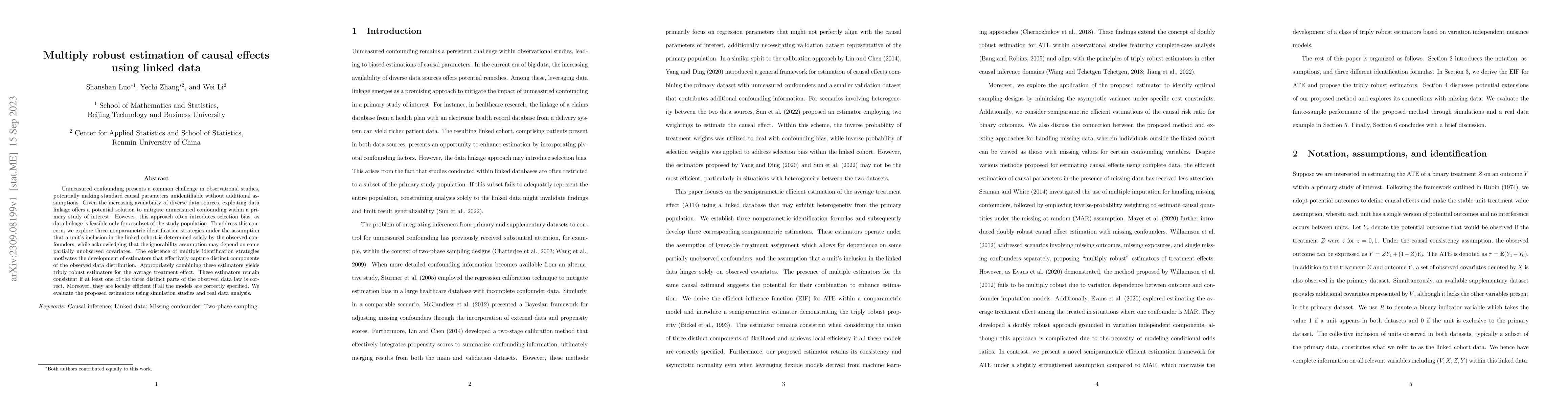 Thumbnail for Multiply robust estimation of causal effects using linked data