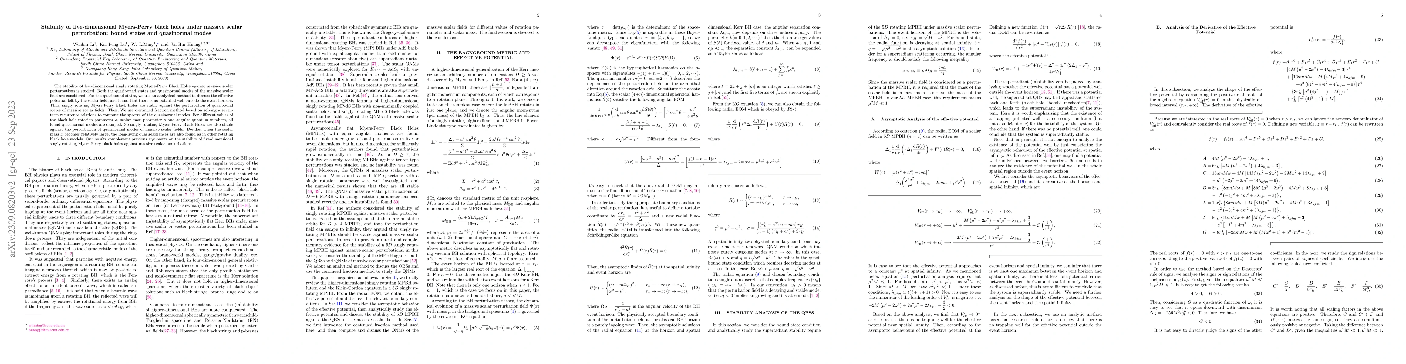 Thumbnail for Stability of five-dimensional Myers-Perry black holes under massive
  scalar perturbation: bound states and quasinormal modes