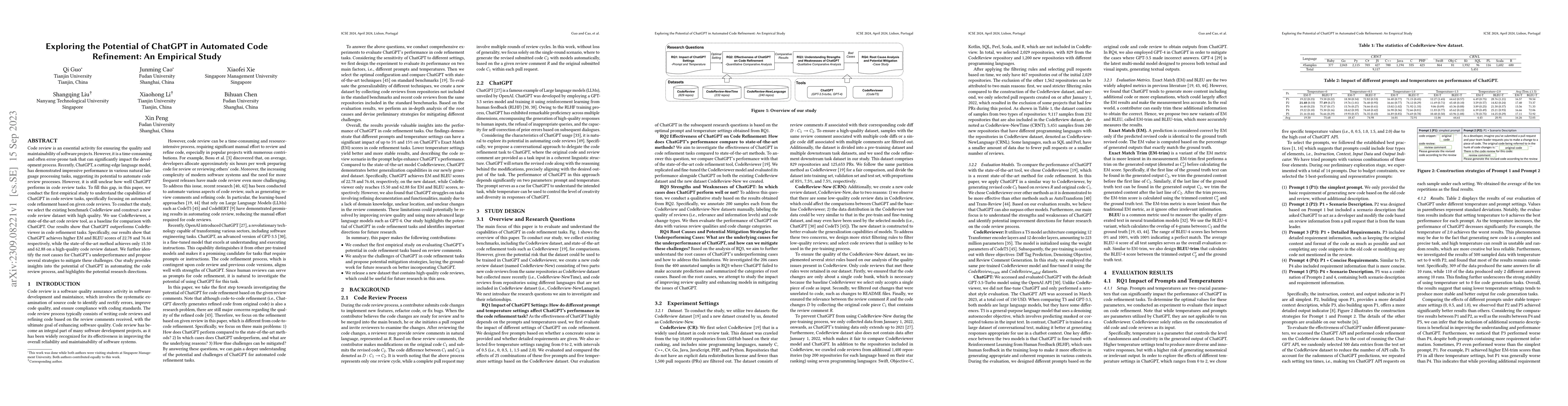 Thumbnail for Exploring the Potential of ChatGPT in Automated Code Refinement: An
  Empirical Study