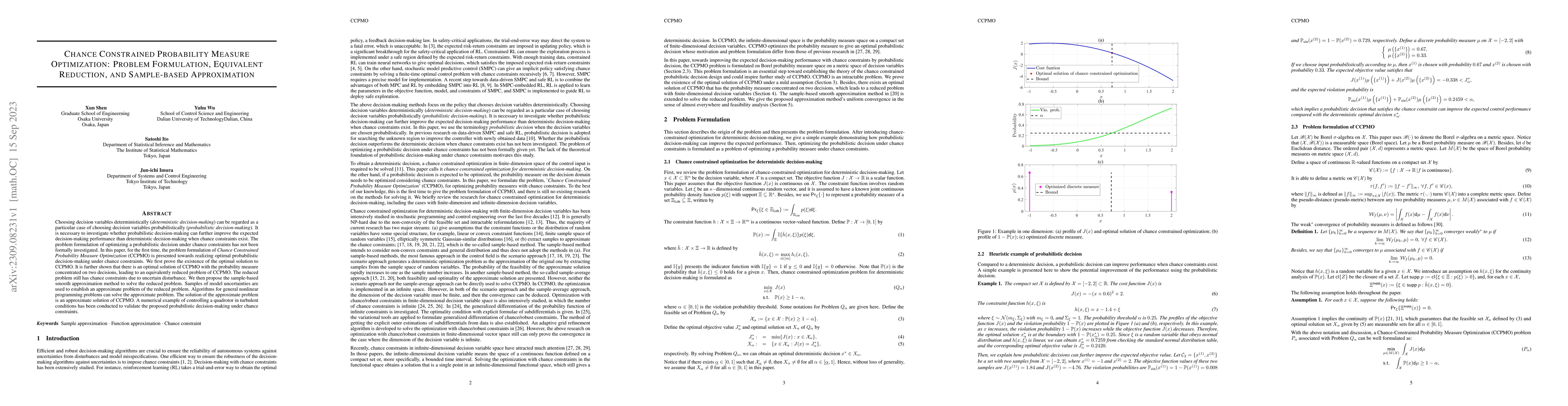 Thumbnail for Chance Constrained Probability Measure Optimization: Problem
  Formulation, Equivalent Reduction, and Sample-based Approximation