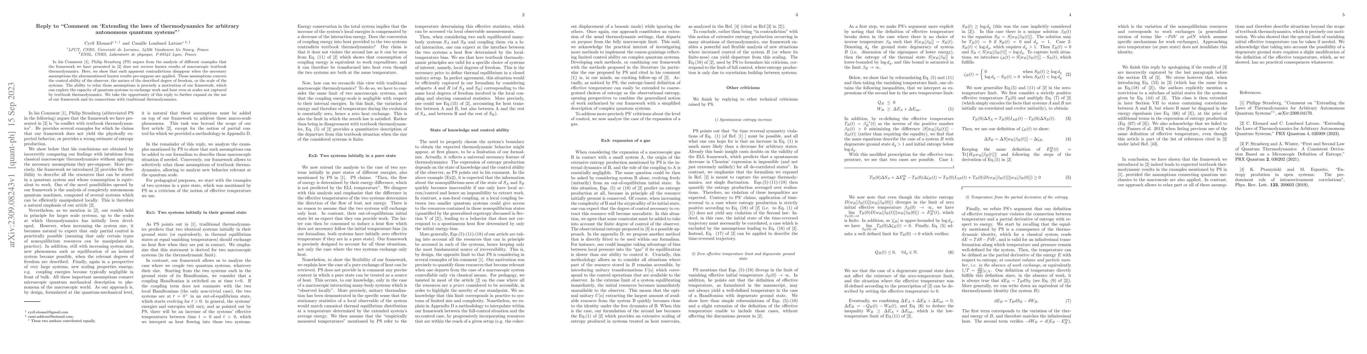 Thumbnail for Reply to "Comment on `Extending the laws of thermodynamics for arbitrary
  autonomous quantum systems'"