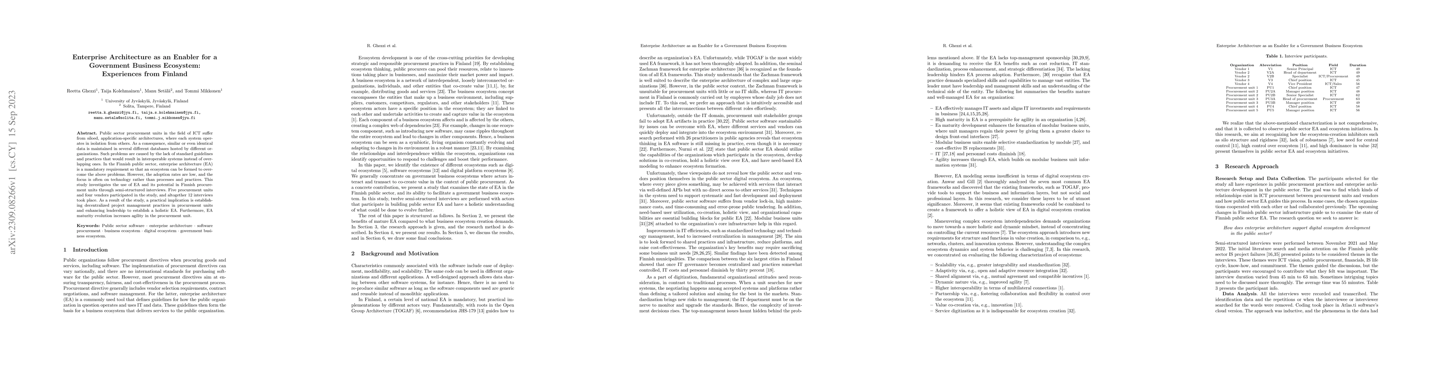 Thumbnail for Enterprise Architecture as an Enabler for a Government Business
  Ecosystem: Experiences from Finland