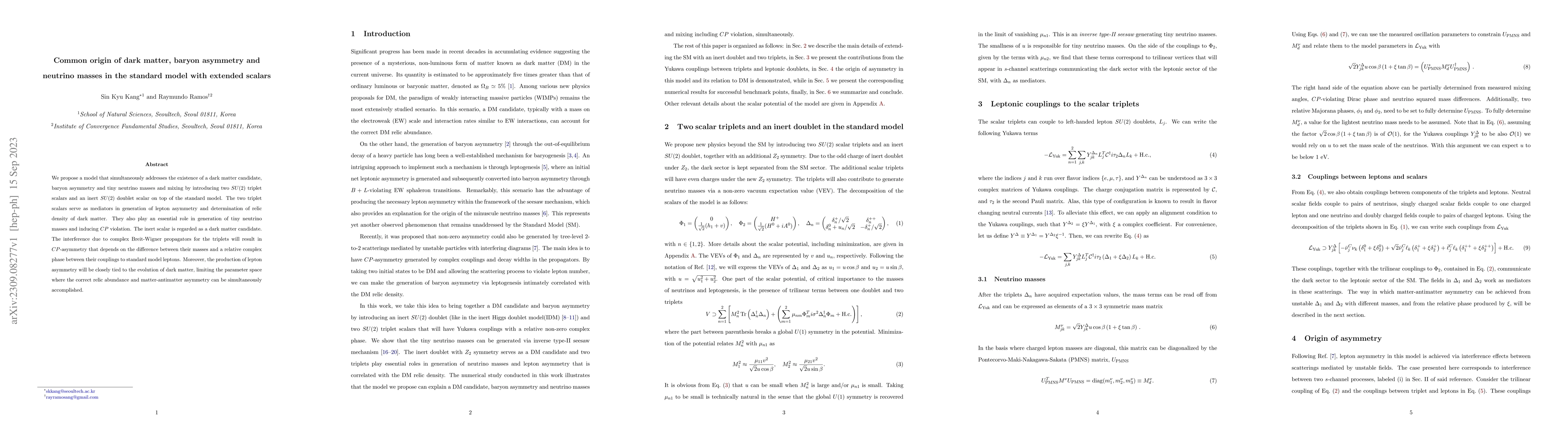 Thumbnail for Common origin of dark matter, baryon asymmetry and neutrino masses in
  the standard model with extended scalars