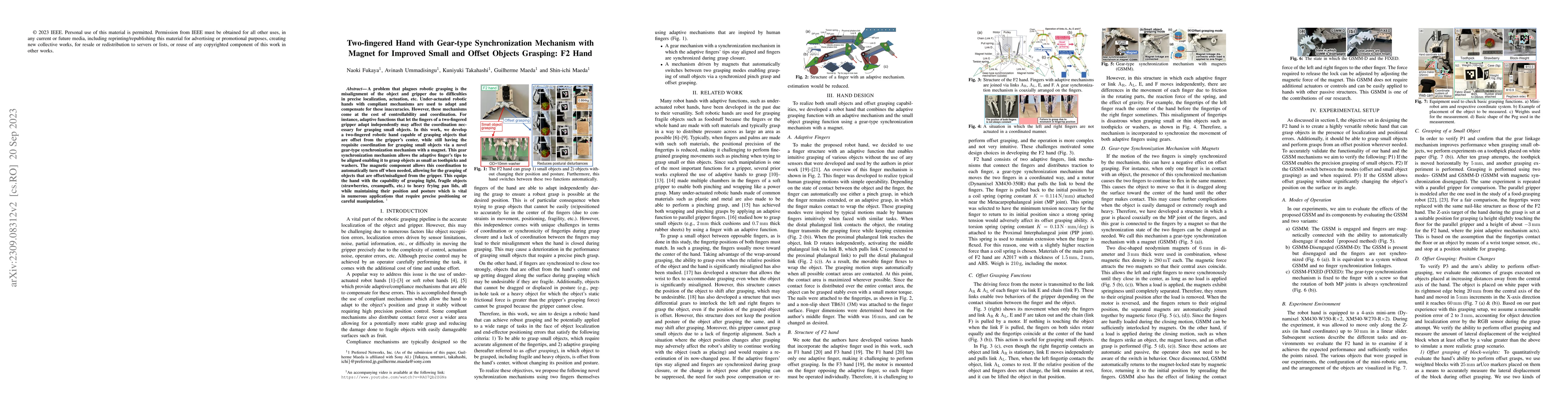 Thumbnail for Two-fingered Hand with Gear-type Synchronization Mechanism with Magnet
  for Improved Small and Offset Objects Grasping: F2 Hand