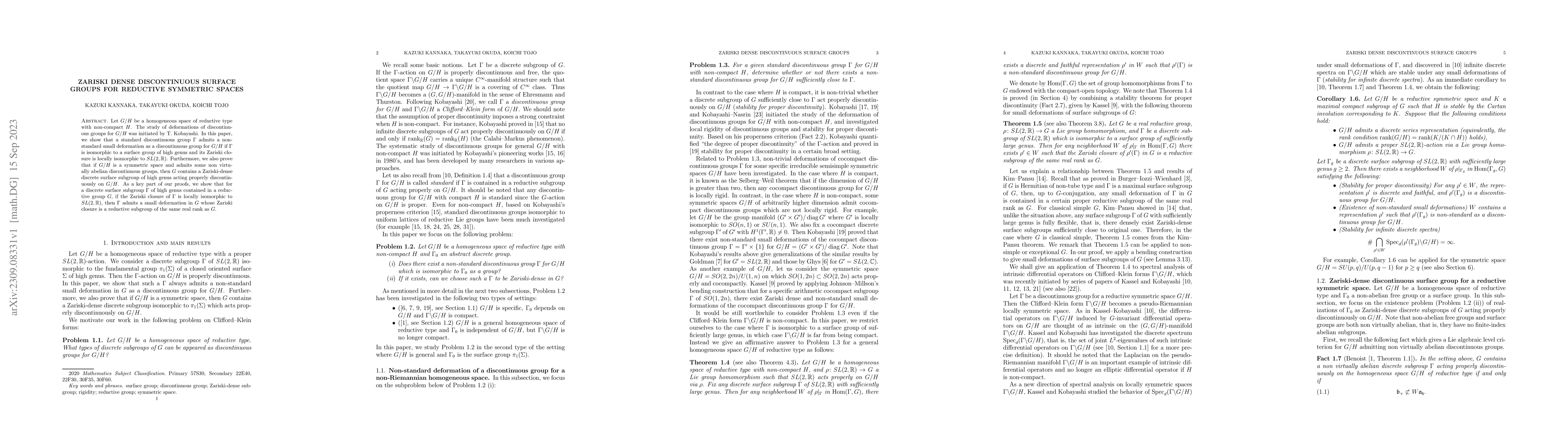 Thumbnail for Zariski dense discontinuous surface groups for reductive symmetric
  spaces