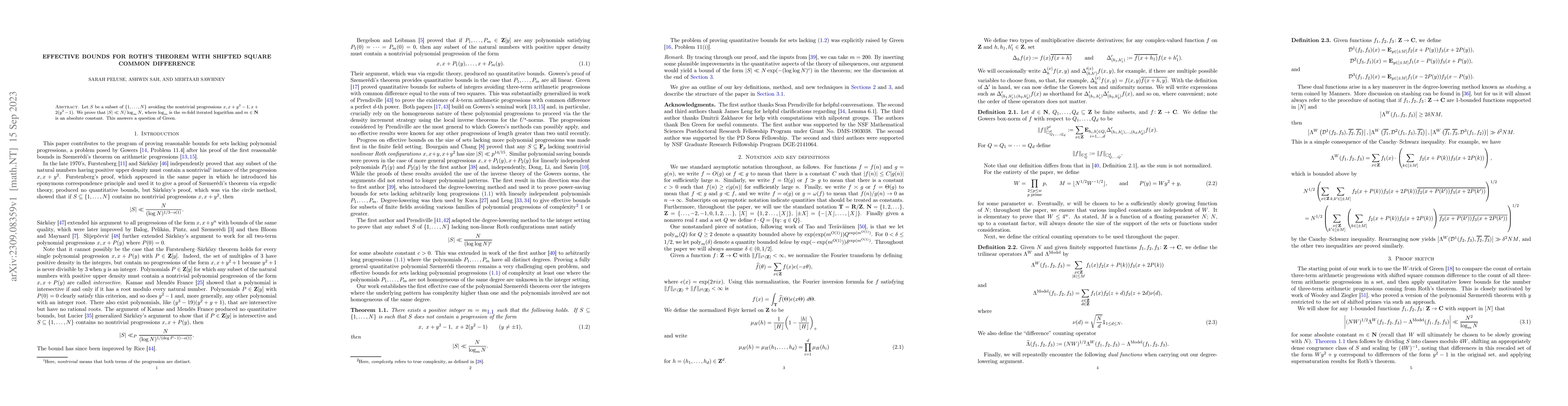 Thumbnail for Effective bounds for Roth's theorem with shifted square common
  difference