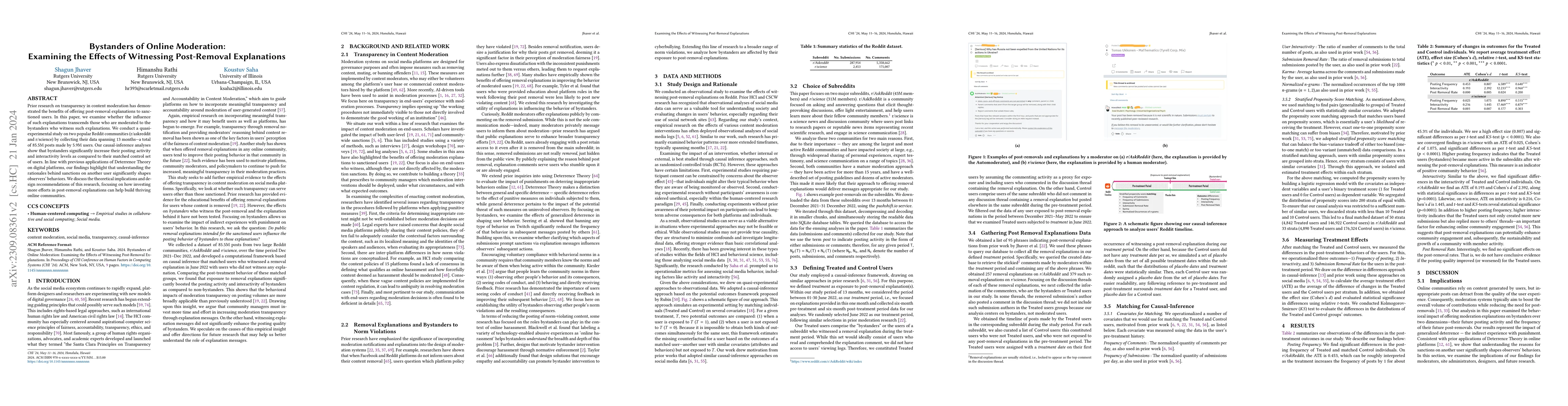 Thumbnail for Bystanders of Online Moderation: Examining the Effects of Witnessing
  Post-Removal Explanations
