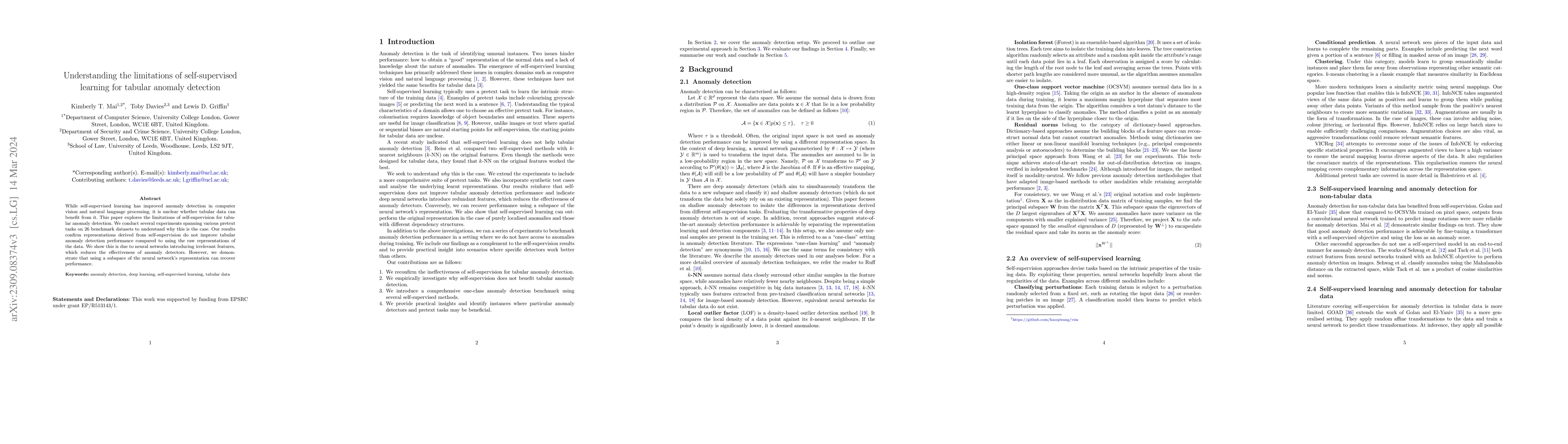 Thumbnail for Understanding the limitations of self-supervised learning for tabular
  anomaly detection