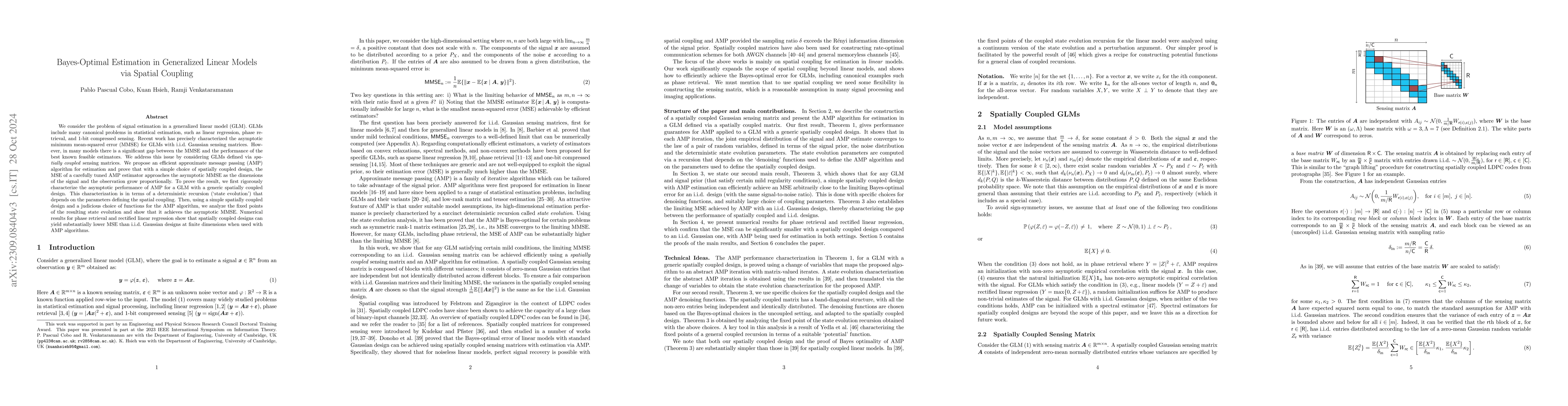 Thumbnail for Bayes-Optimal Estimation in Generalized Linear Models via Spatial
  Coupling