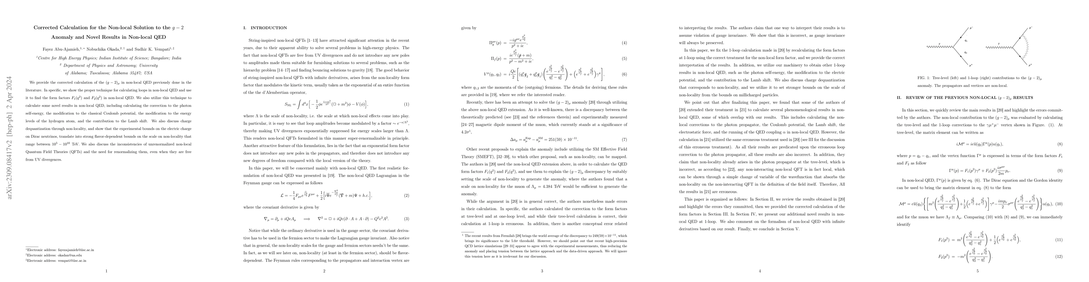 Thumbnail for Corrected Calculation for the Non-local Solution to the g-2 Anomaly and
  Novel Results in Non-local QED