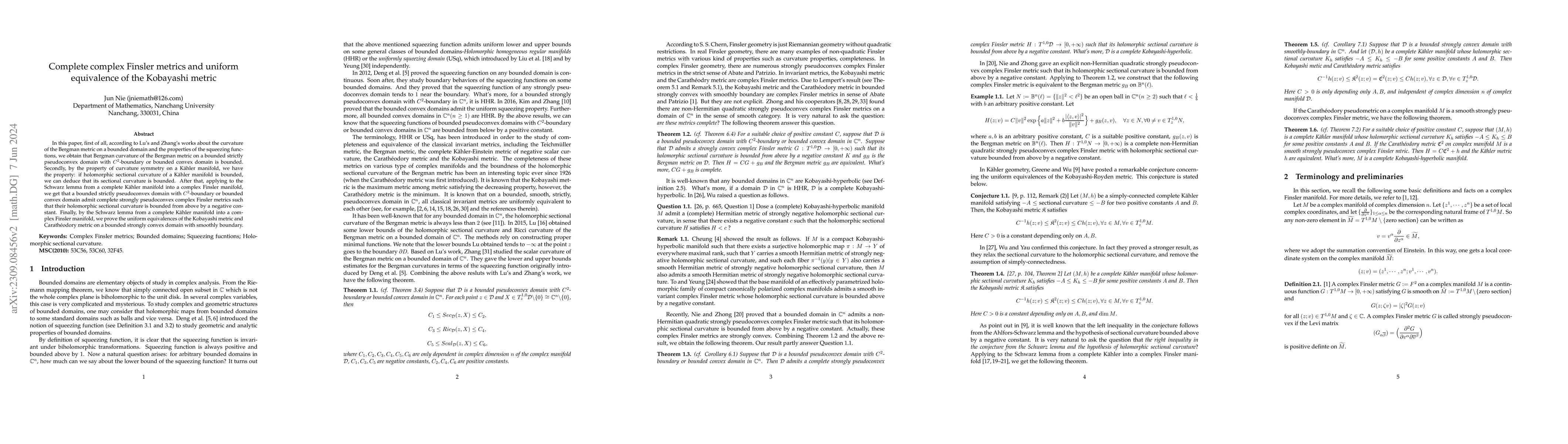 Thumbnail for Complete complex Finsler metrics and uniform equivalence of the
  Kobayashi metric