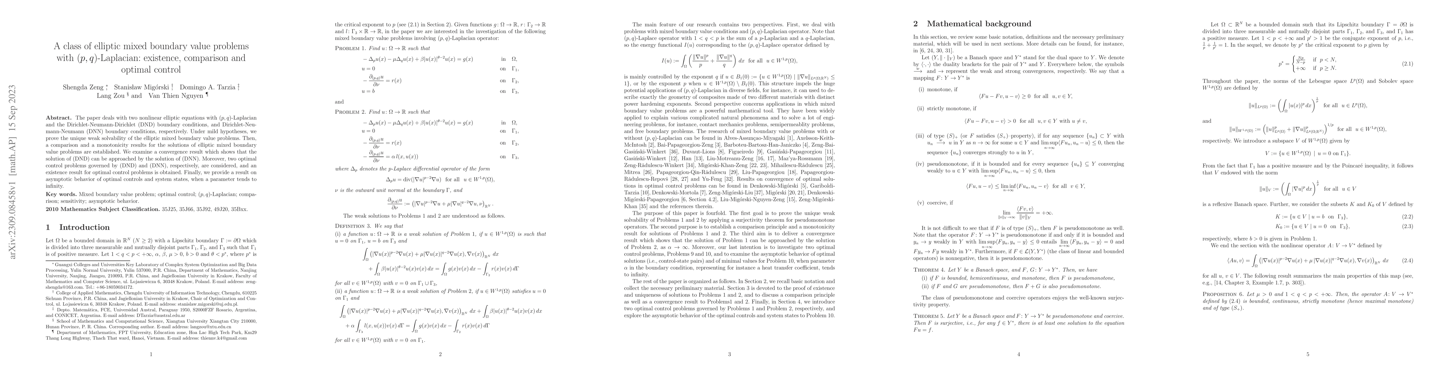 Thumbnail for A class of elliptic mixed boundary value problems with
  $(p,q)$-Laplacian: existence, comparison and optimal control