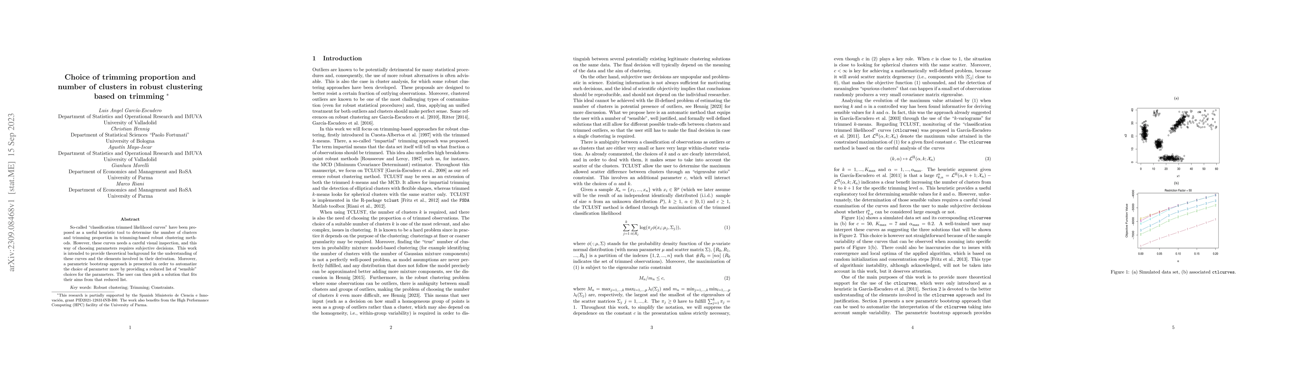Thumbnail for Choice of trimming proportion and number of clusters in robust
  clustering based on trimming
