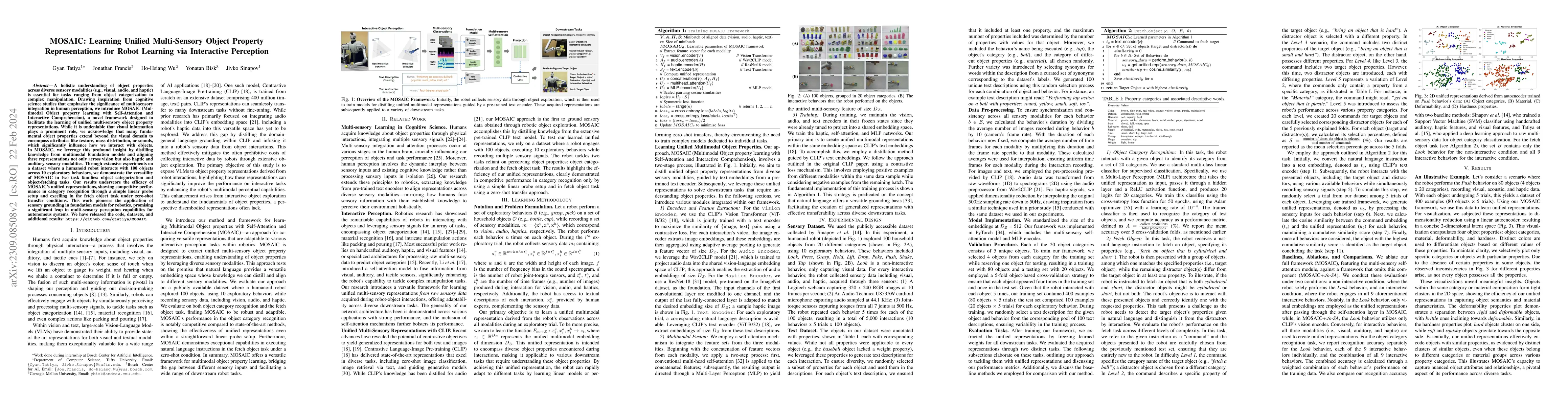 Thumbnail for MOSAIC: Learning Unified Multi-Sensory Object Property Representations
  for Robot Learning via Interactive Perception