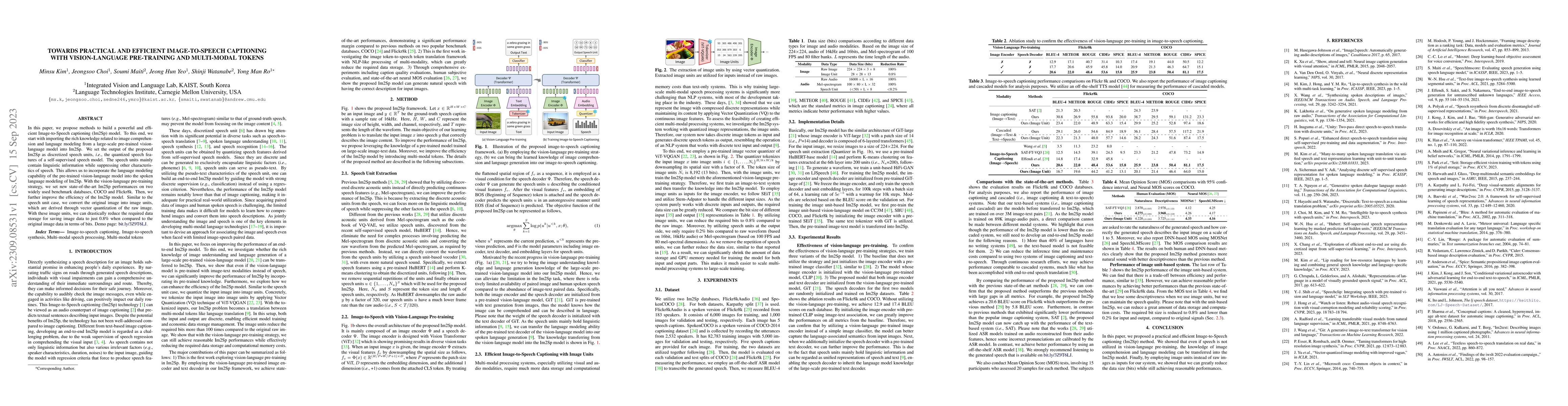Thumbnail for Towards Practical and Efficient Image-to-Speech Captioning with
  Vision-Language Pre-training and Multi-modal Tokens