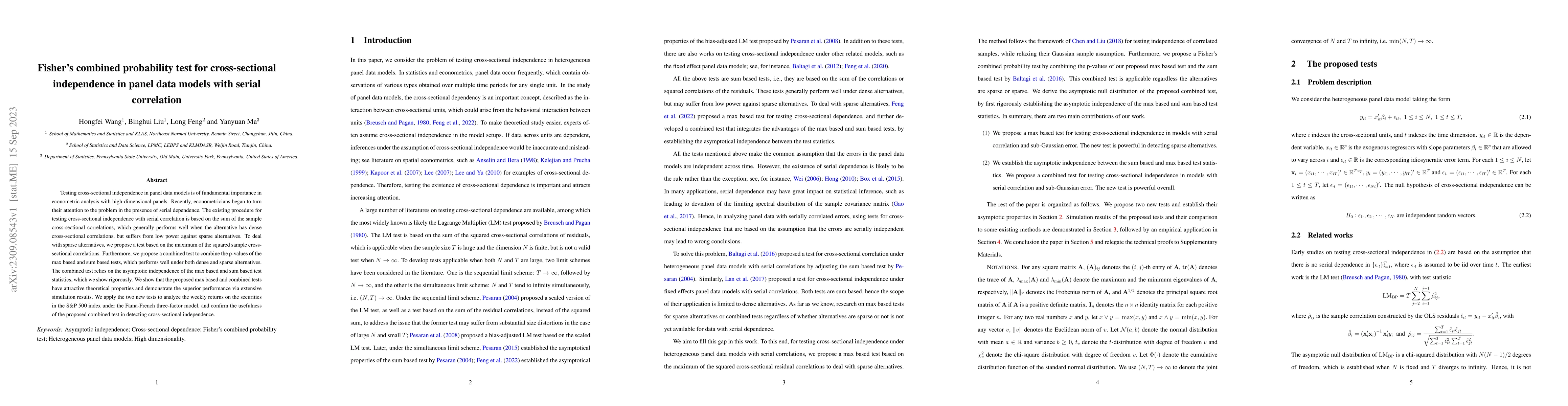 Thumbnail for Fisher's combined probability test for cross-sectional independence in
  panel data models with serial correlation