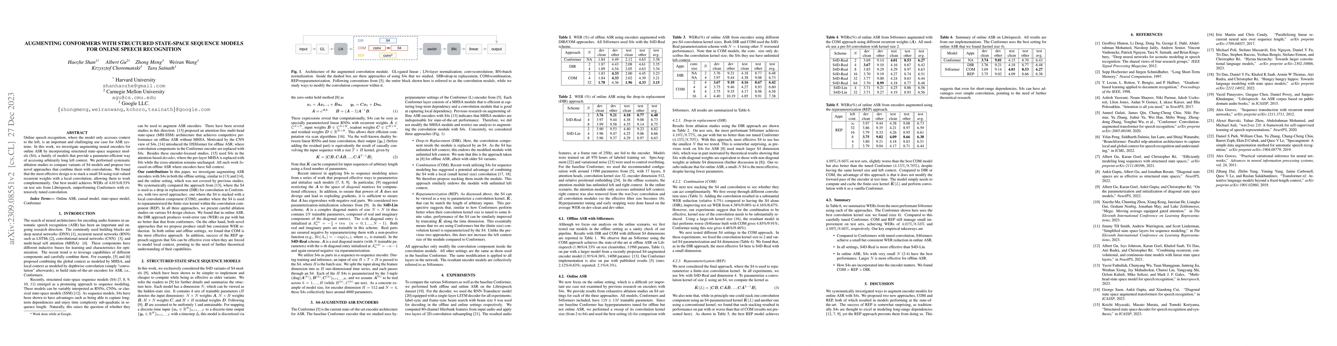 Thumbnail for Augmenting conformers with structured state-space sequence models for
  online speech recognition