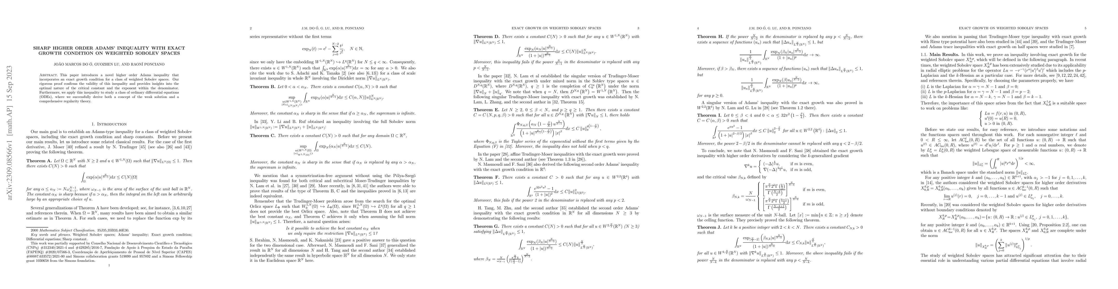 Thumbnail for Sharp higher order Admas' inequality with exact growth condition on
  weighted Sobolev spaces