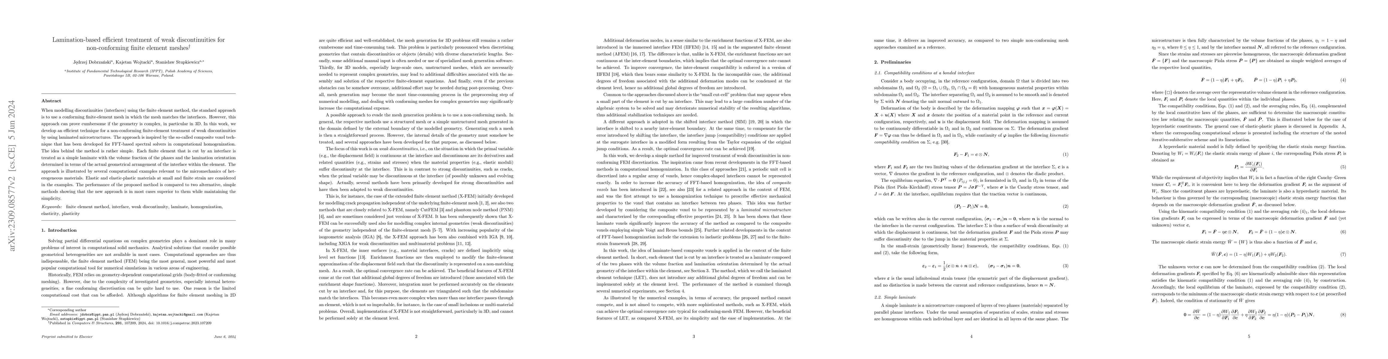 Thumbnail for Lamination-based efficient treatment of weak discontinuities for
  non-conforming finite element meshes