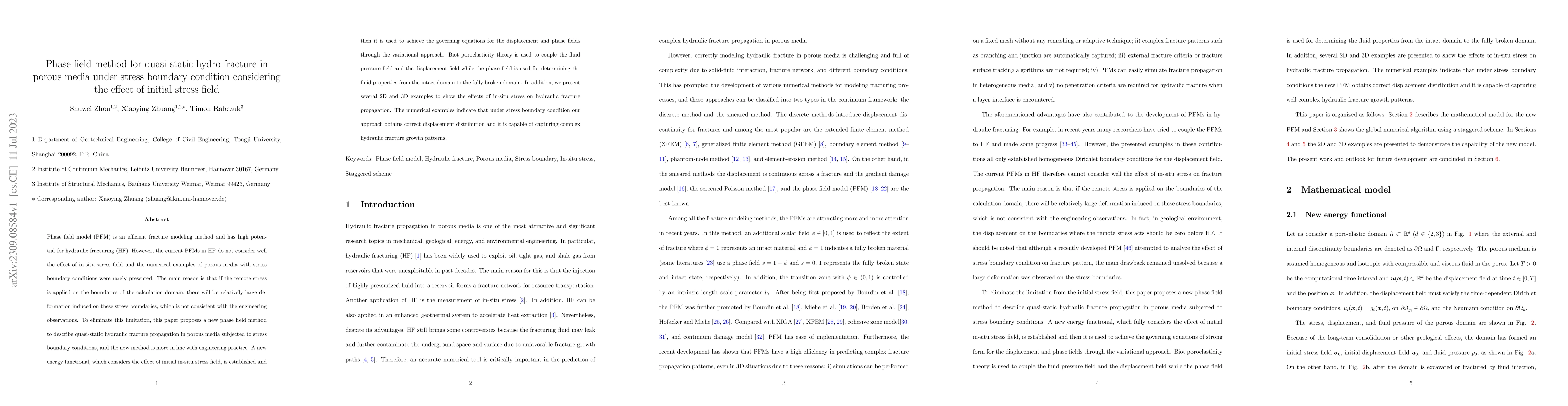 Thumbnail for Phase field method for quasi-static hydro-fracture in porous media under
  stress boundary condition considering the effect of initial stress field