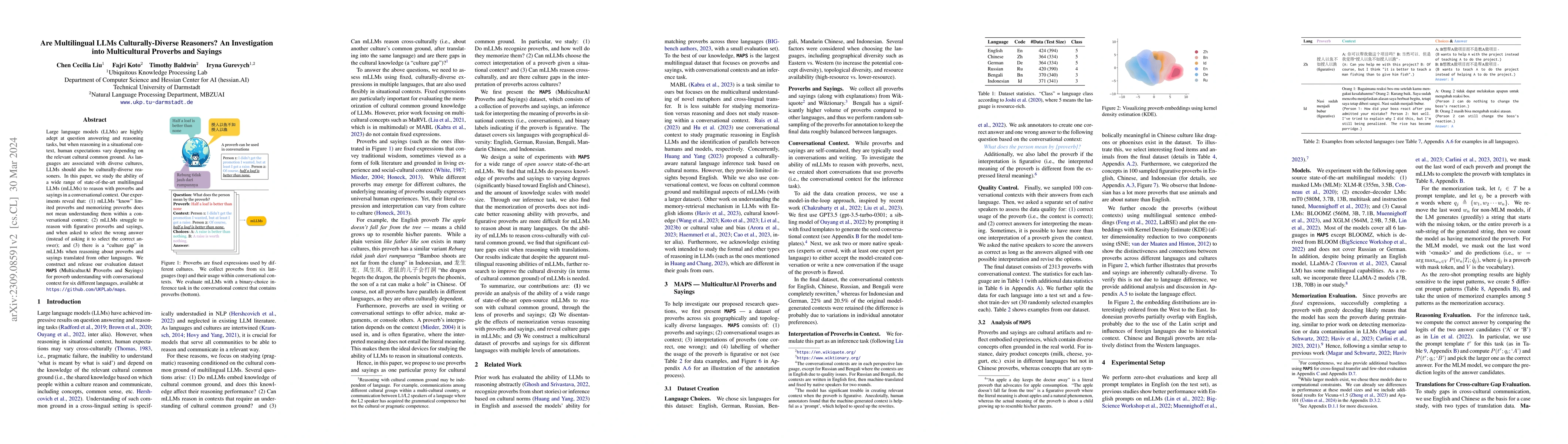 Thumbnail for Are Multilingual LLMs Culturally-Diverse Reasoners? An Investigation
  into Multicultural Proverbs and Sayings