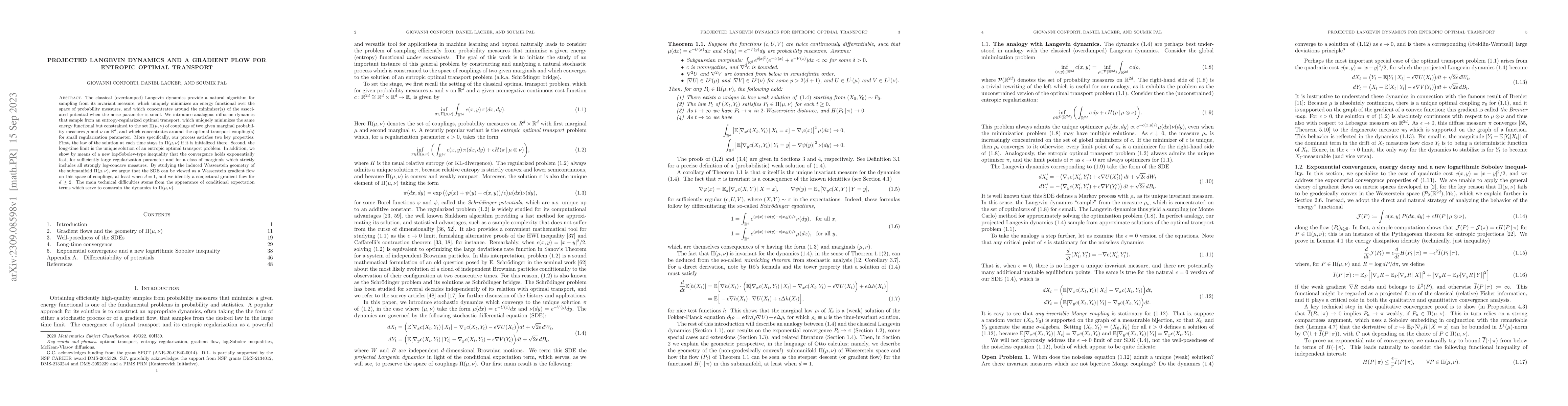 Thumbnail for Projected Langevin dynamics and a gradient flow for entropic optimal
  transport