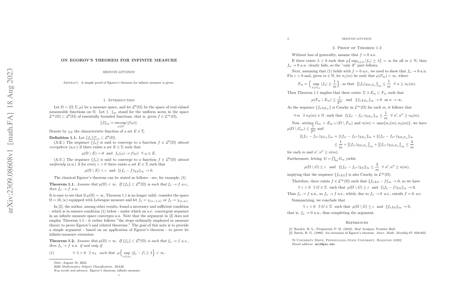 Thumbnail for On Egorov's Theorem for Infinite Measure