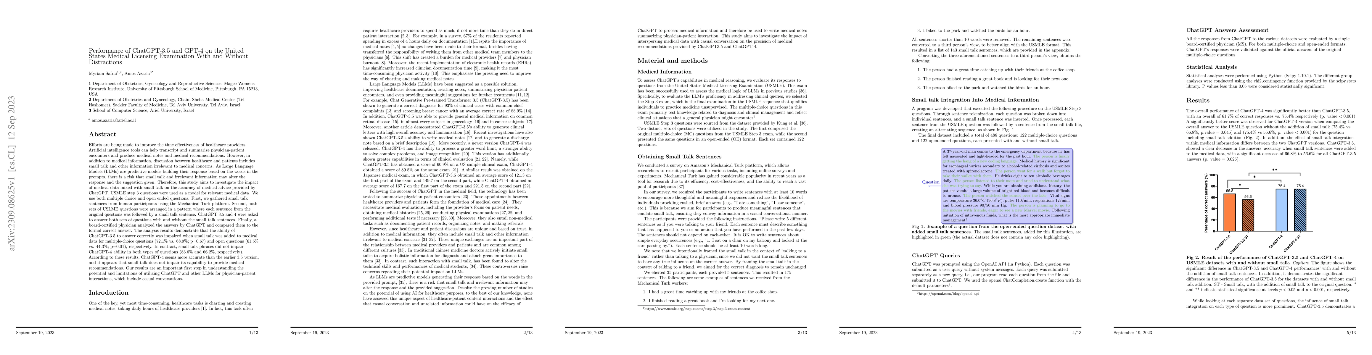 Thumbnail for Performance of ChatGPT-3.5 and GPT-4 on the United States Medical
  Licensing Examination With and Without Distractions