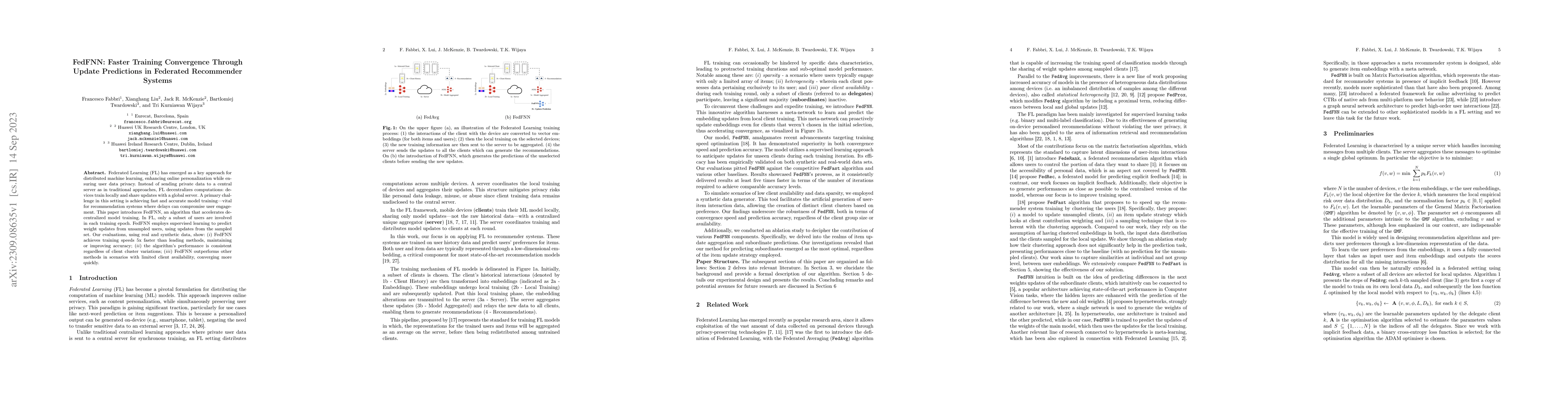 Thumbnail for FedFNN: Faster Training Convergence Through Update Predictions in
  Federated Recommender Systems