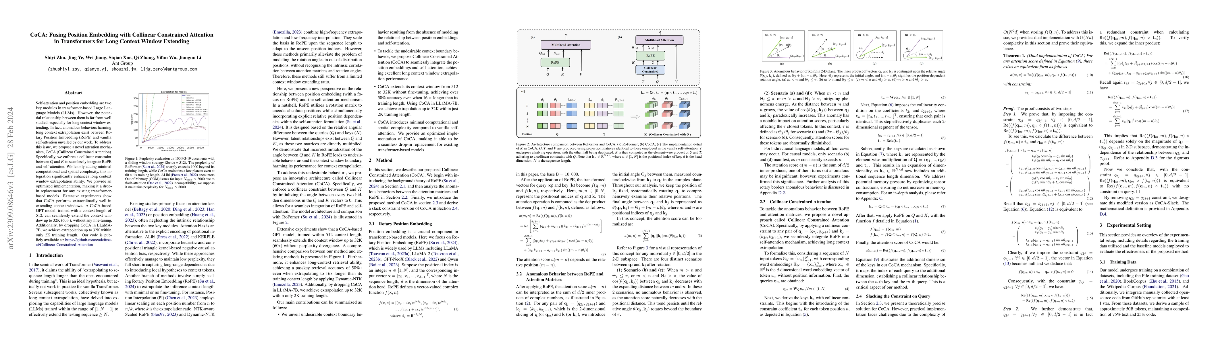 Thumbnail for CoCA: Fusing Position Embedding with Collinear Constrained Attention in
  Transformers for Long Context Window Extending