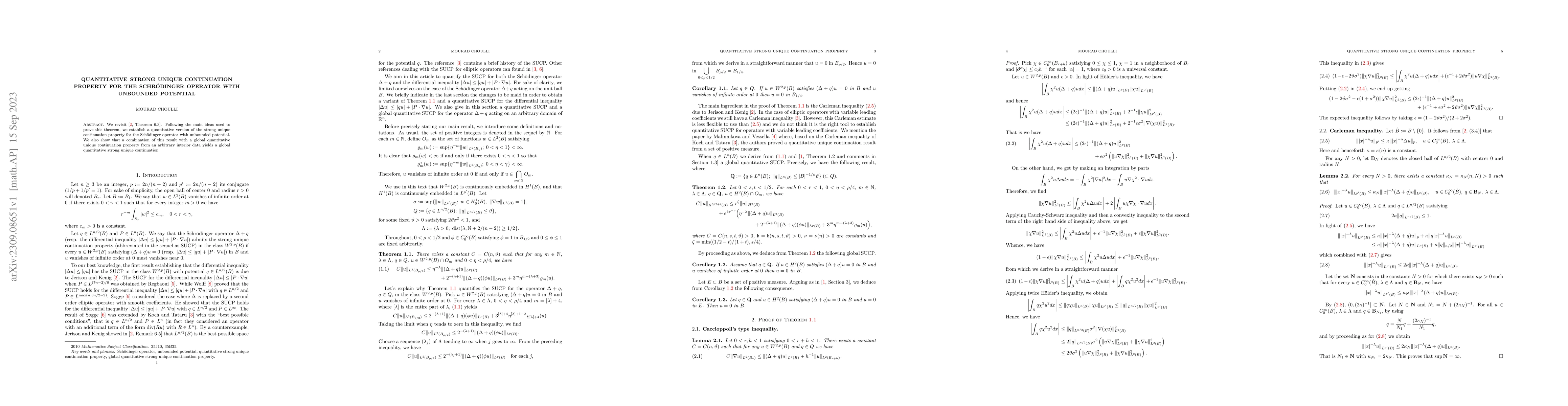 Thumbnail for Quantitative strong unique continuation property for the Schr\"odinger
  operator with unbounded potential
