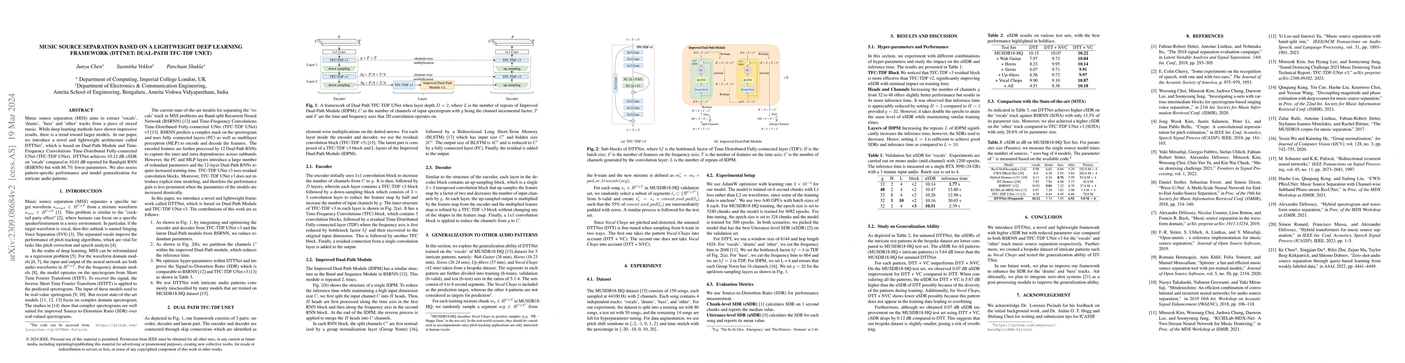 Thumbnail for Music Source Separation Based on a Lightweight Deep Learning Framework
  (DTTNET: DUAL-PATH TFC-TDF UNET)
