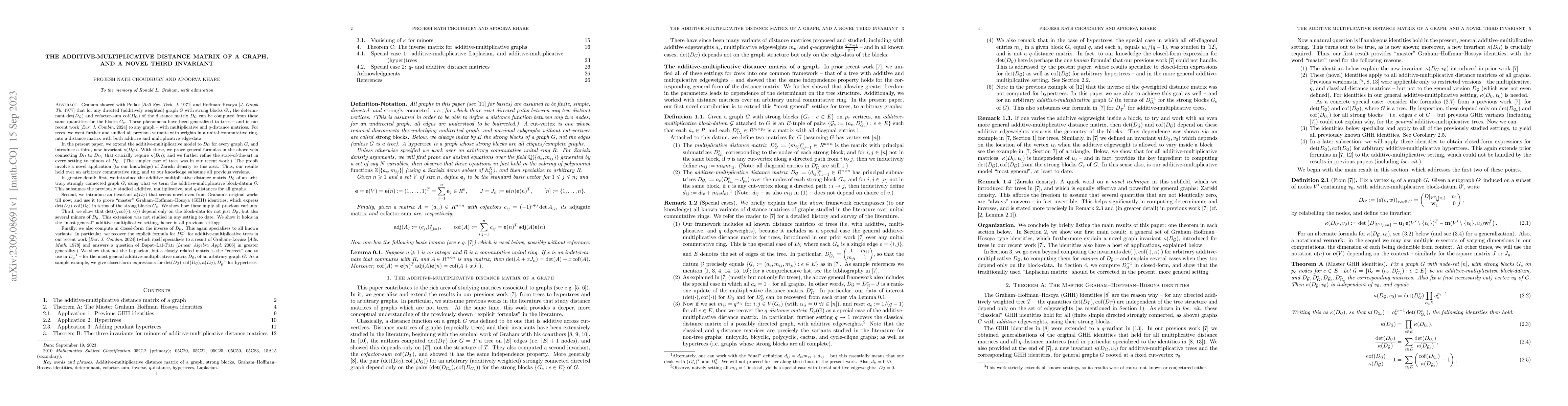 Thumbnail for The additive-multiplicative distance matrix of a graph, and a novel
  third invariant