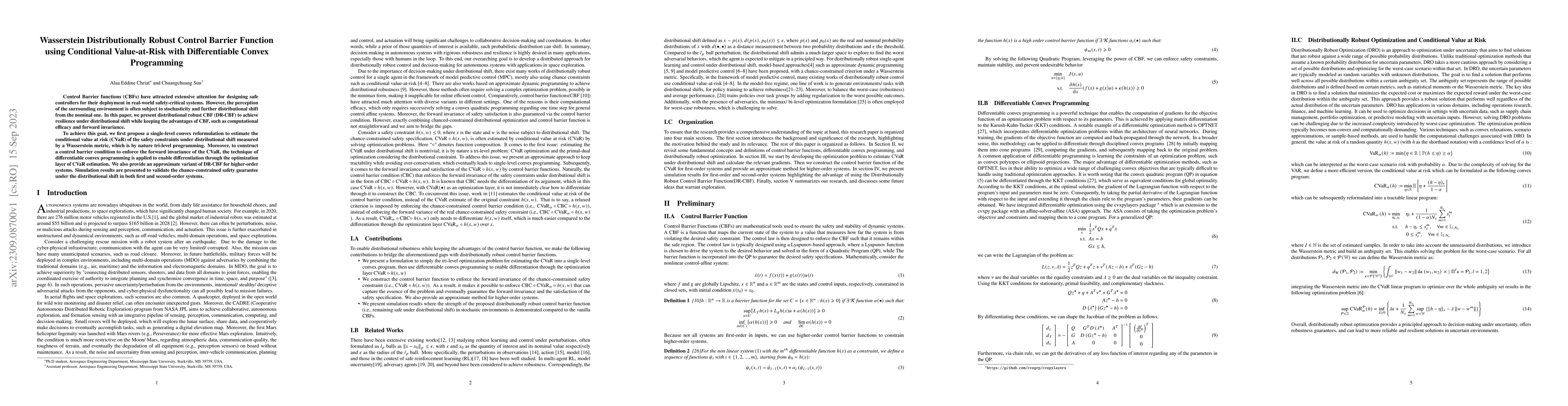 Thumbnail for Wasserstein Distributionally Robust Control Barrier Function using
  Conditional Value-at-Risk with Differentiable Convex Programming