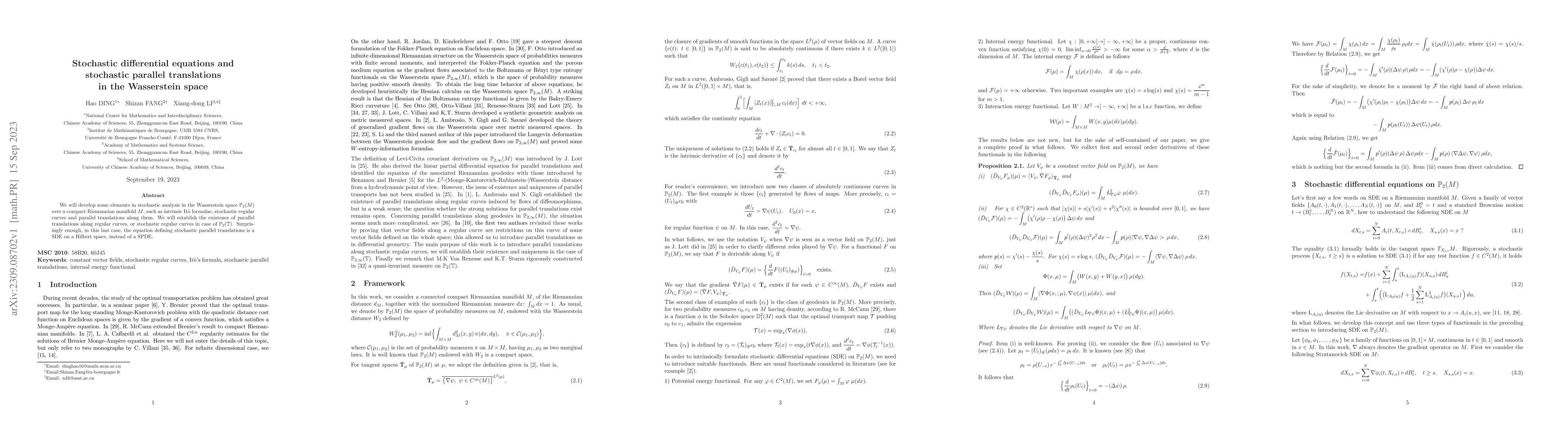 Thumbnail for Stochastic differential equations and stochastic parallel translations
  in the Wasserstein space