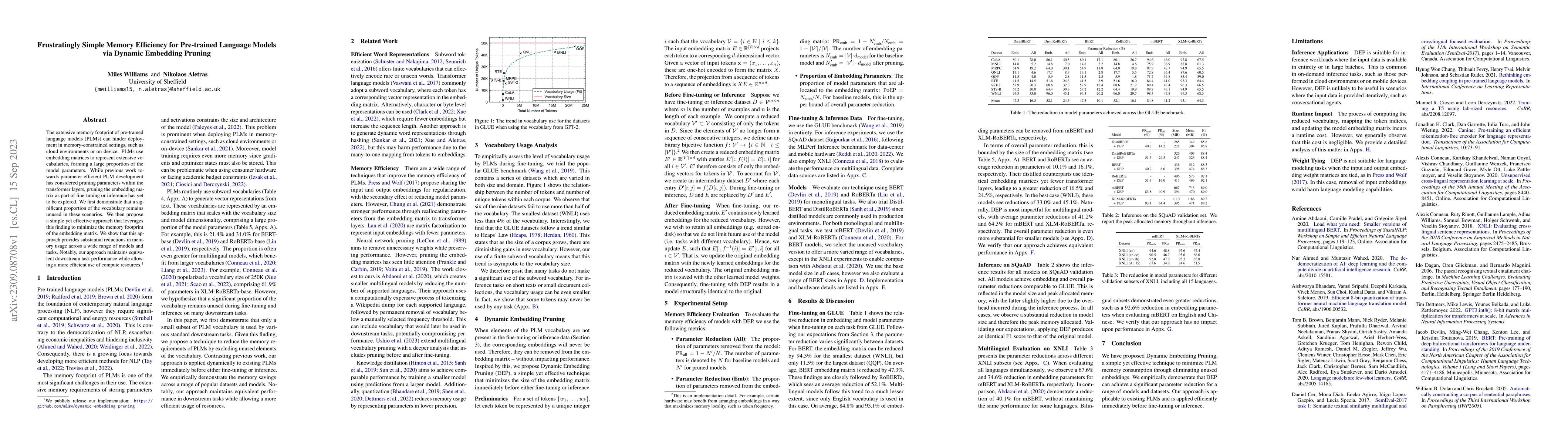 Thumbnail for Frustratingly Simple Memory Efficiency for Pre-trained Language Models
  via Dynamic Embedding Pruning