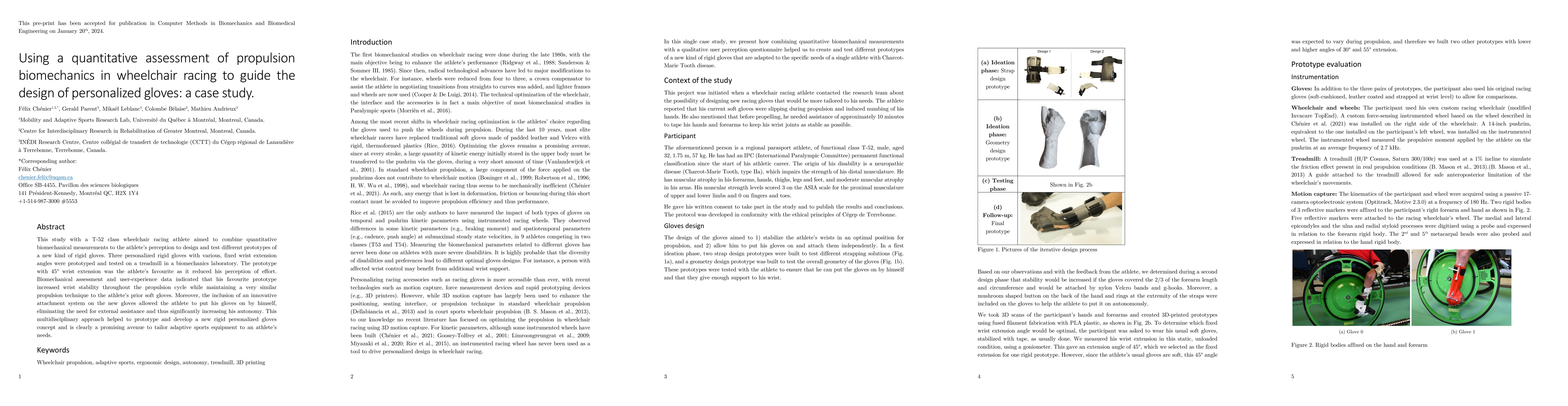 Thumbnail for Using a quantitative assessment of propulsion biomechanics in wheelchair
  racing to guide the design of personalized gloves: a case study