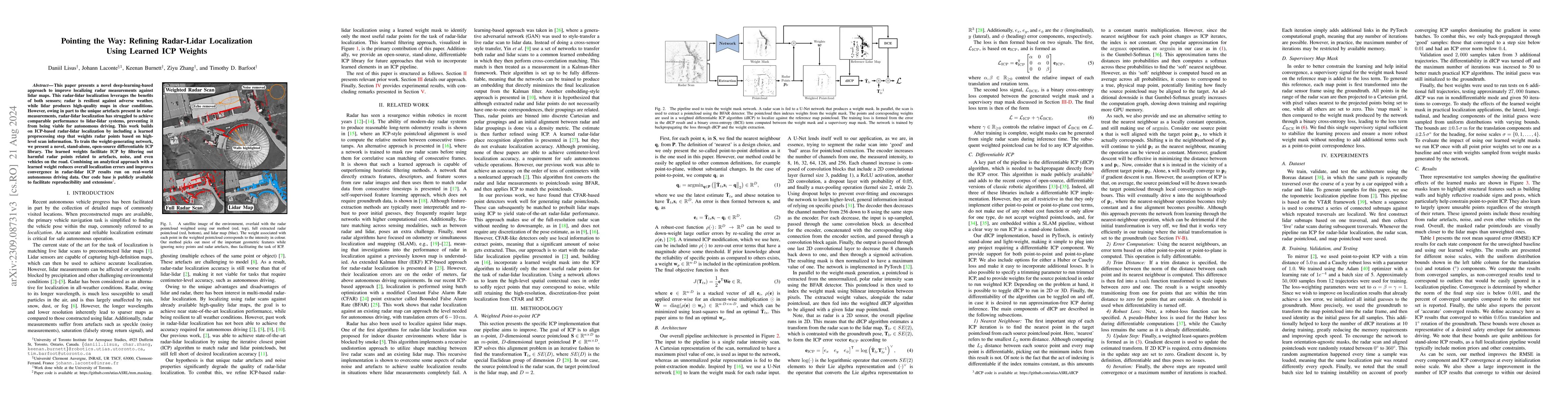 Thumbnail for Pointing the Way: Refining Radar-Lidar Localization Using Learned ICP
  Weights