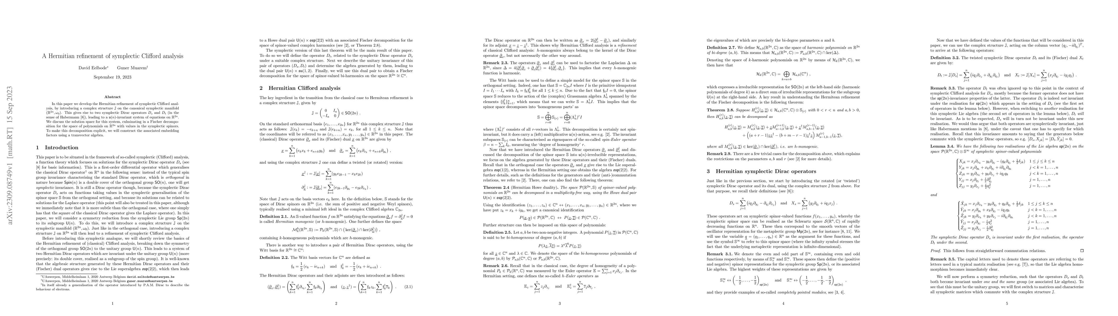 Thumbnail for A Hermitian refinement of symplectic Clifford analysis