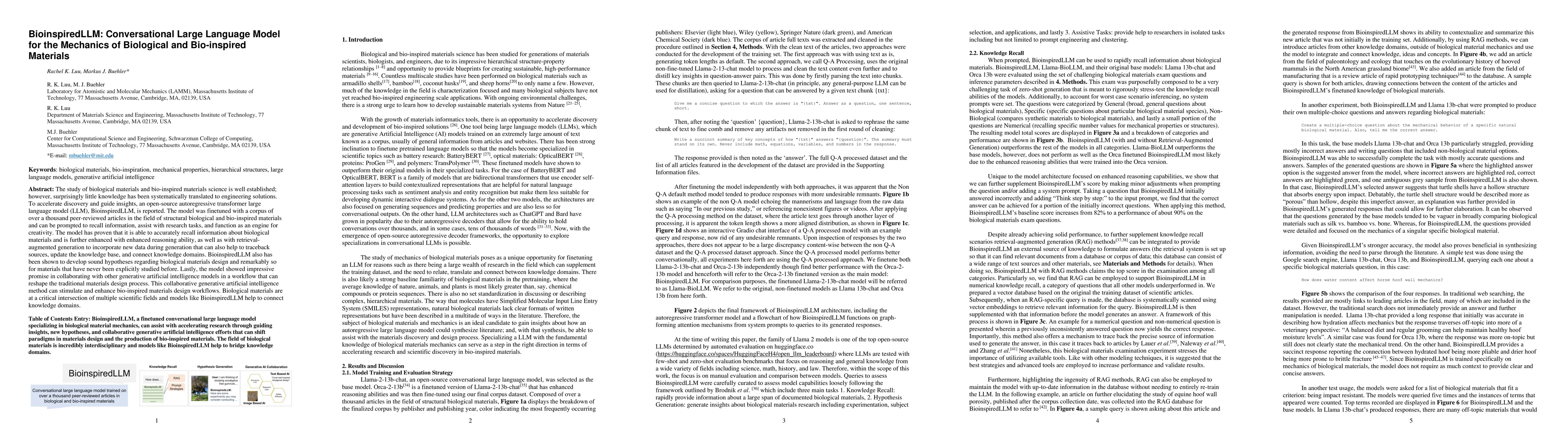 Thumbnail for BioinspiredLLM: Conversational Large Language Model for the Mechanics of
  Biological and Bio-inspired Materials