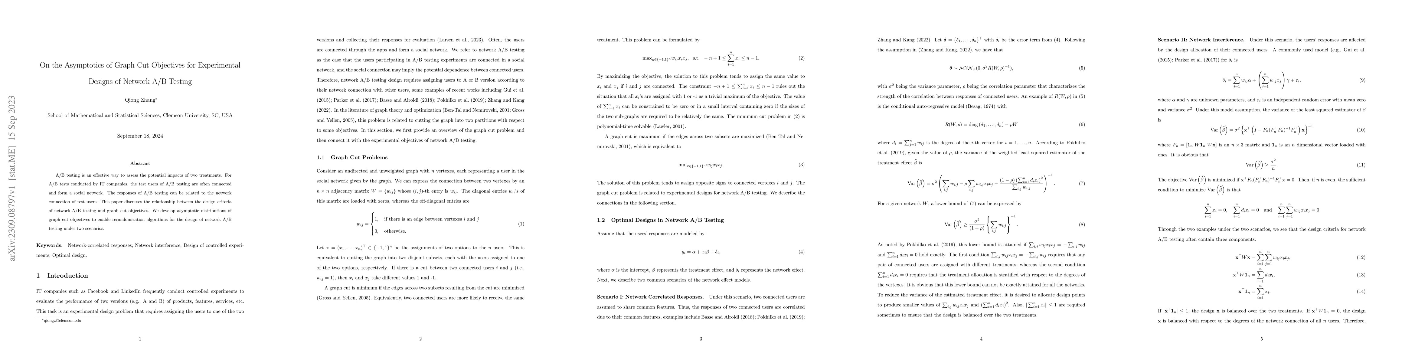 Thumbnail for On the Asymptotics of Graph Cut Objectives for Experimental Designs of
  Network A/B Testing
