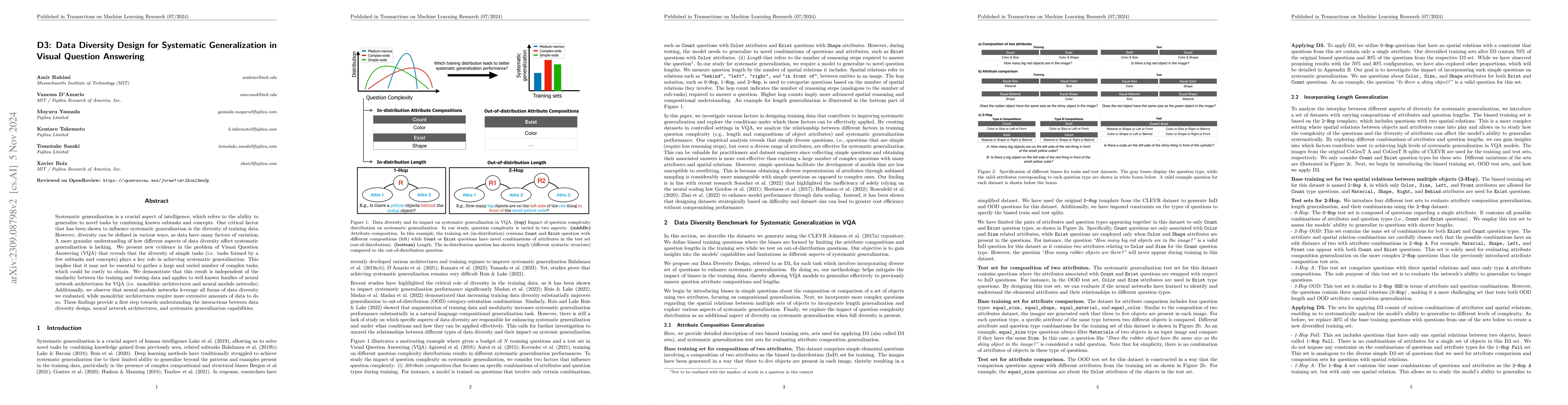Thumbnail for D3: Data Diversity Design for Systematic Generalization in Visual
  Question Answering