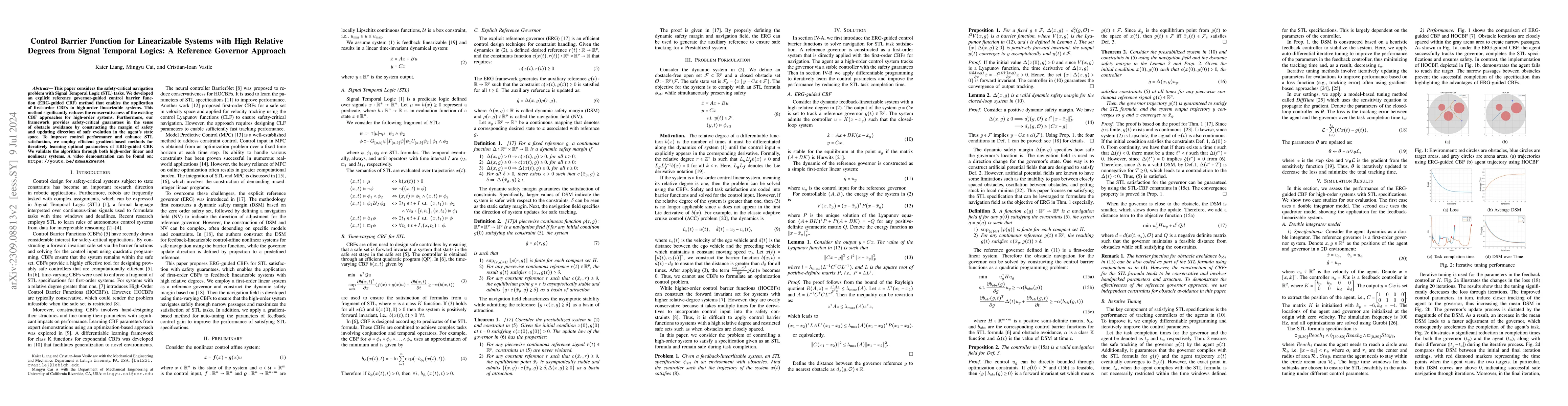 Thumbnail for Control Barrier Function for Linearizable Systems with High Relative
  Degrees from Signal Temporal Logics: A Reference Governor Approach